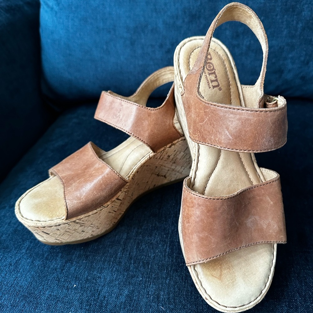 Born Leather Wedge Sandals with Cork Platform